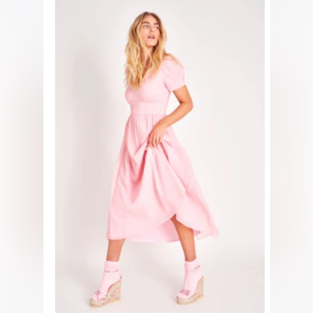LoveShackFancy Pink V-Neck Puff Sleeve Dress